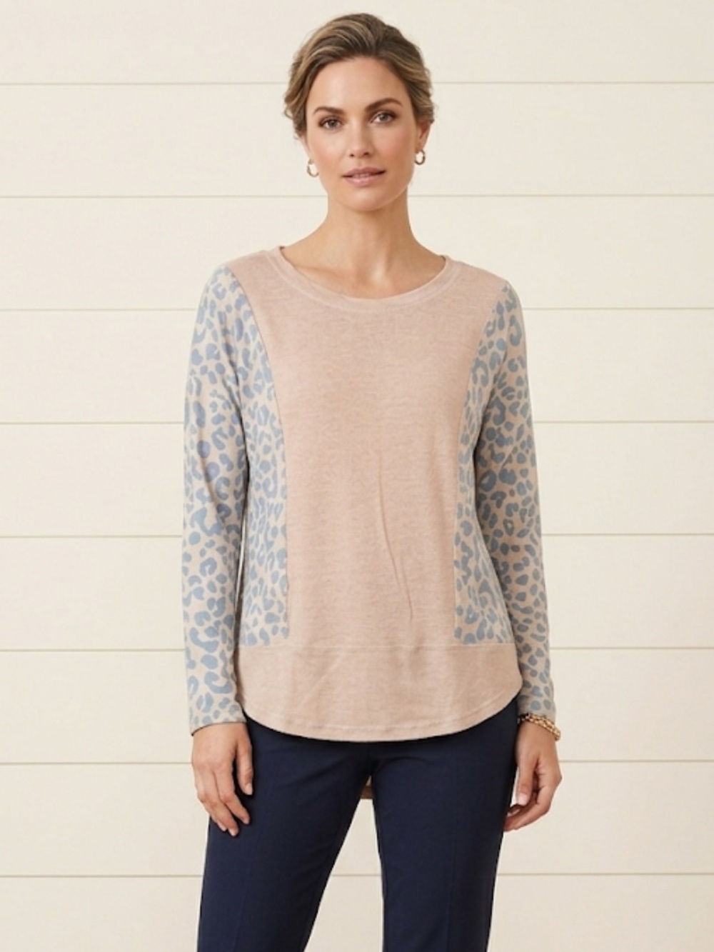 Women's Beige Long-Sleeve Top with Blue Leopard Print Panels